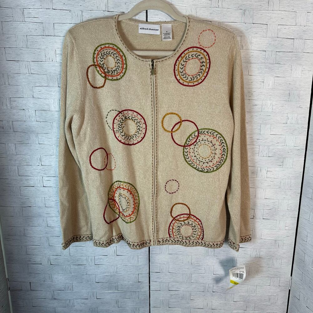 Alfred Dunner women's cardigan zip front cream 90s knit embroidered cozy core